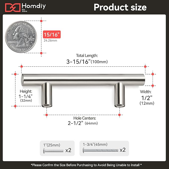 homdiy (40 Pack Brushed Nickel Cabinet Pulls Drawer Handles - HD201SN Kitchen Cabinet Handles Cupboard Handles Drawer Pulls, 2-1/2in Hole Centers
