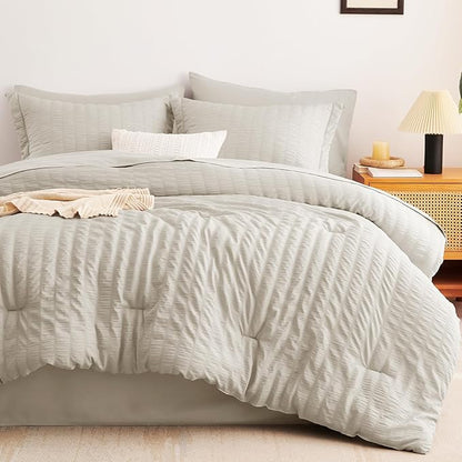 CozyLux Twin XL Comforter Set with Sheets Seersucker Beige 5 Pieces Bed in a Bag, Twin Extra Long Luxury Soft Bedding Sets for College Dorm with Down Alternative Comforter, Sheets, Pillowcases & Shams