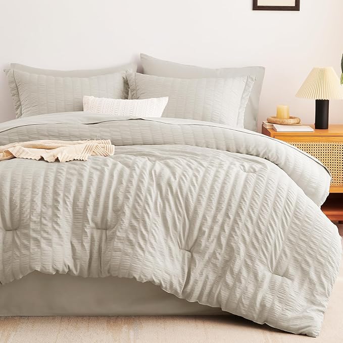 CozyLux Full Size Comforter Sets with Sheets Seersucker 7 Pieces Beige Bed in a Bag Textured Luxury Soft Bedding Set with Down Alternative Comforter, Sheets, Pillowcases & Shams for All Seasons