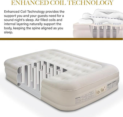 King Koil Luxury Air Mattress 16in Full Size Beige with Built-in Pump for Home, Camping & Guests-Inflatable Airbed Luxury Double High Adjustable Blow Up Mattress, Durable - Portable and Waterproof