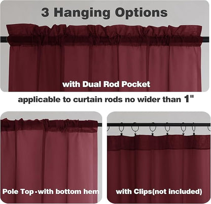 Chyhomenyc Sheer Curtains 36 Inch Length, Short Voile Sheer Window Curtians for Small Window Bathroom Cafe Living Room Farmhouse, 2PCS, 42W x 36L inches, Rod Pocket, Burgundy