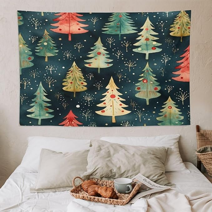 Vintage Christmas Tree Watercolor Tapestry Wall Hanging Vintage Christmas Wall Hanging Wall Tapestry Aesthetic Tapestry for Bedroom Colorful Wall Hanging Aesthetic Wall Art For Room Decor 60"x90"
