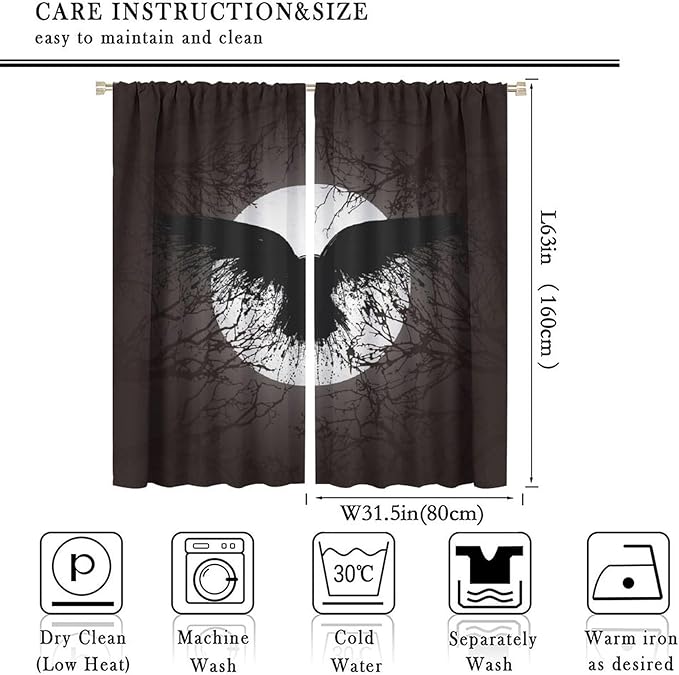 Cool Raven Print Curtains - Vintage Nordic Viking Theme Dead Tree Crow Full Moon Thermal Insulated Blackout Curtains - Rod Pocket Window Treatment Drapes for Bedroom 2 Panels 63L x 31.5W