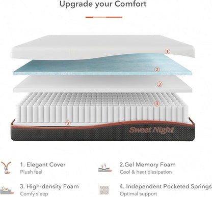 Sweetnight 12” Hybrid Mattress with Gel Memory Foam & Pocket Innerspring , Bed Mattress with Moisture Wicking Adaptive Cover, Medium Firm, White & Grey, Queen Size