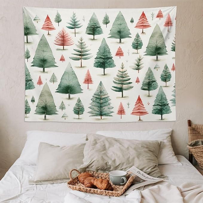 MaSiledy Vintage Christmas Tree Watercolor Tapastry's Wall Hanging Xmas Rustic Winter Holiday Tapestry for Bedroom Aesthetic Landscape Tapestry Wall Hanging for Bedroom Living Room Dorm Decor 60"x80"