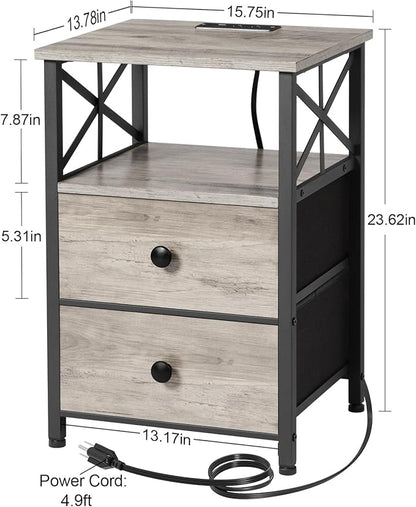 AMHANCIBLE Night Stand Set 2, Nightstand with Charging Station, End Tables Living Room with USB Ports and Outlets, Bedside Tables with Fabric Drawers for Bedroom, Greige HET05XGY