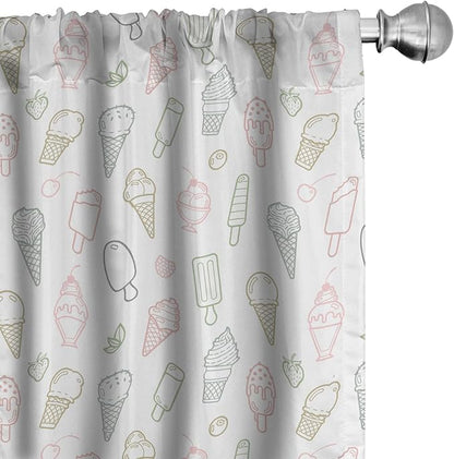 Ambesonne Ice Cream Window Curtains, Different Types of Ice Cream Pastel Color Design Pattern Retro Outlines, Lightweight Decor 2-Panel Set with Rod Pocket, Pair of - 28" x 95", White and Beige