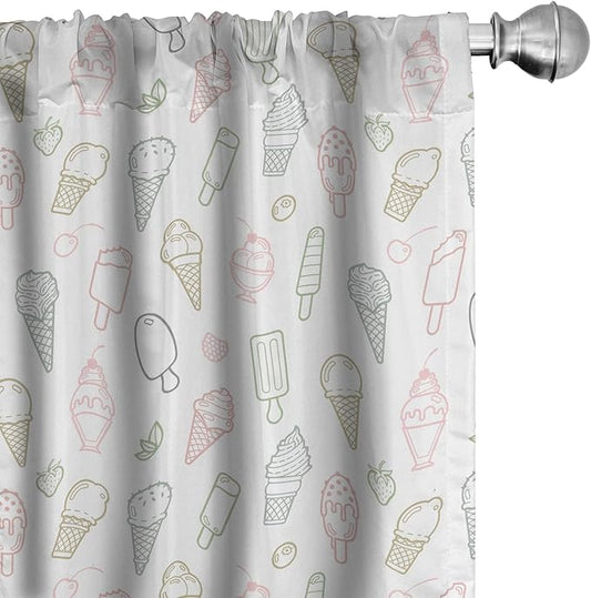 Ambesonne Ice Cream Window Curtains, Different Types of Ice Cream Pastel Color Design Pattern Retro Outlines, Lightweight Decor 2-Panel Set with Rod Pocket, Pair of - 28" x 95", White and Beige