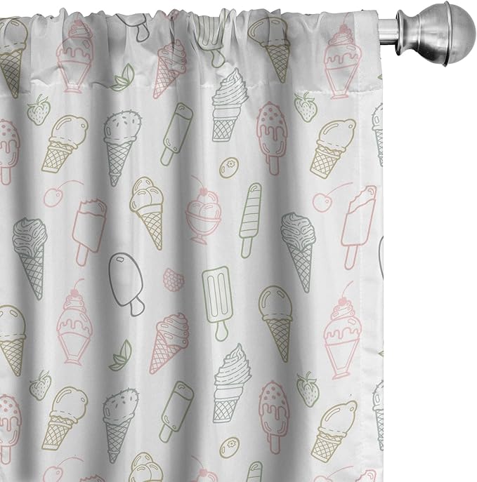 Ambesonne Ice Cream Window Curtains, Different Types of Ice Cream Pastel Color Design Pattern Retro Outlines, Lightweight Decor 2-Panel Set with Rod Pocket, Pair of - 28" x 63", White and Beige