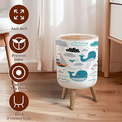 Small Trash Can with Lid Childish Seamless Whale Boat Clouds Waves Scandinavian Style Summer Garbage Bin Pet Proof Waste Basket for Kitchen Bathroom Office Bedroom Decorative 1.8 Gallon