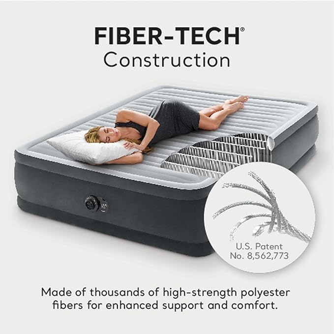Intex Dura-Beam Deluxe Comfort-Plush Elevated: Fiber-Tech – Queen Size – Built-in Electric Pump – 18in Bed Height – 600lb Weight Capacity