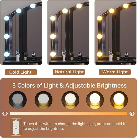 Tiptiper Makeup Vanity with Lights, Vanity Desk with 10 Light Bulbs & 3 Color Lighting Modes, Vanity Table with 5 Drawers and Cushioned Stool, Makeup Table with Tri-Fold Mirror for Women Girls, Black