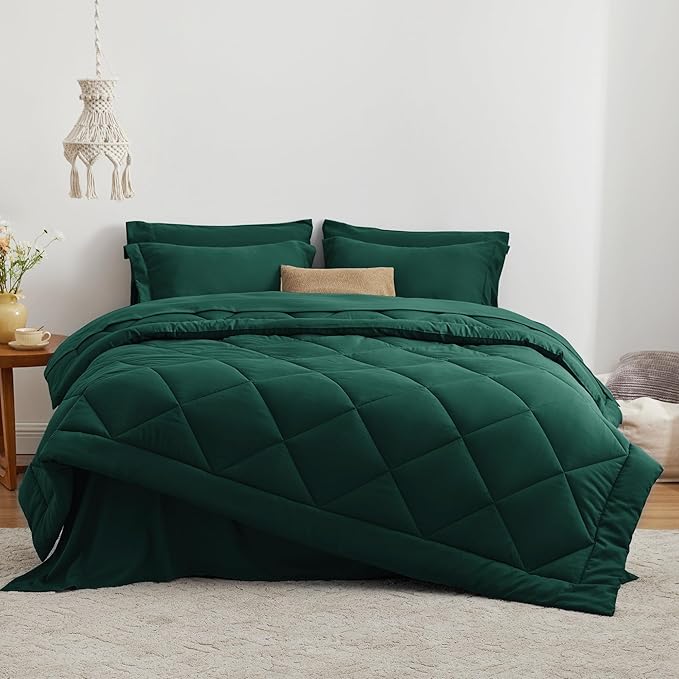 Love's cabin Twin Comforter Set Dark Green, 5 Pieces Twin Bed in a Bag, All Season Bedding Sets with 1 Comforter, 1 Flat Sheet, 1 Fitted Sheet, 1 Pillowcase and 1 Pillow Sham