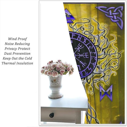 Viking Blackout Curtains Scandinavian Pirate Totem Mythology Golden Tree of Life Printed Curtain Bedroom and Living Room Decoration Blackout Curtains W55 * L63 Inch