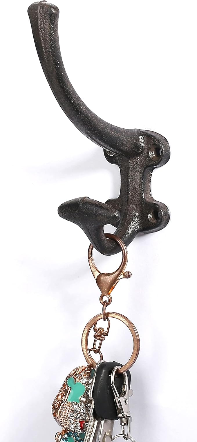 Ambipolar 5-Pack Decorative Cast Iron Heavy Duty Double Wall Hooks, Vintage Hooks in Antique Black Coat Hooks Wall Mounted for Mudroom, Hat Rack