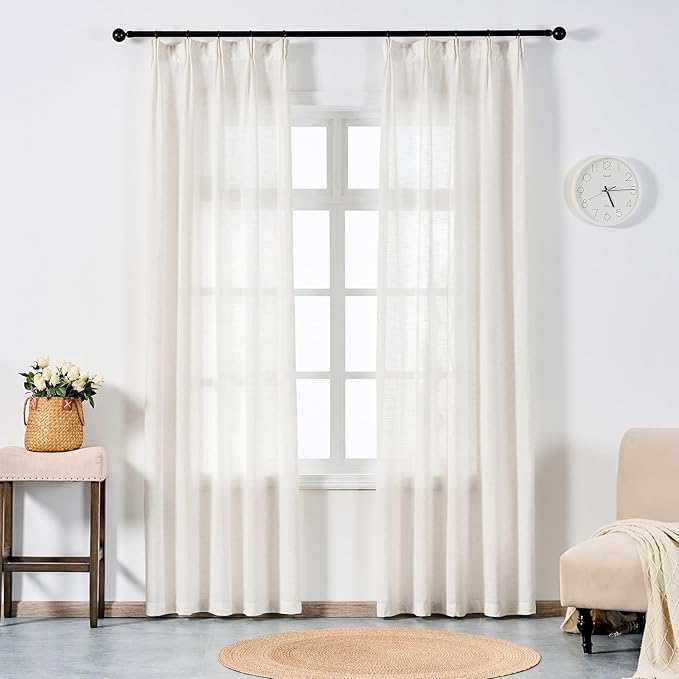 Neutral Linen Semi Sheer Curtains 84 Inches Long, Cream Textured Light Filtering Drapes for Living Room, Modern Farmhouse Window Decor, Privacy Pinch Pleat Curtain with Hooks