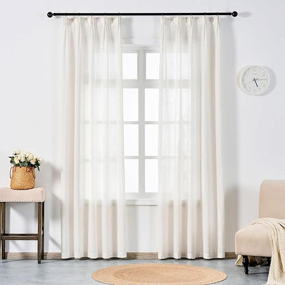 Neutral Linen Semi Sheer Curtains 90 Inches Long, Cream Textured Light Filtering Drapes for Living Room, Modern Farmhouse Window Decor, Privacy Pinch Pleat Curtain with Hooks