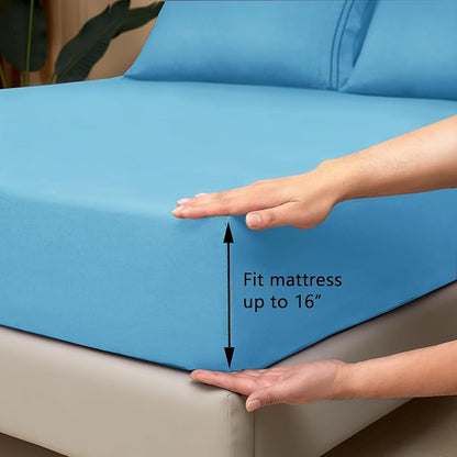 Mejoroom California King Size Sheet Set - Soft Microfiber Bed Sheets,Deep Pocket Fitted Sheet, Breathable, Wrinkle & Fade Resistant - 4 Piece（California King, Denim Blue