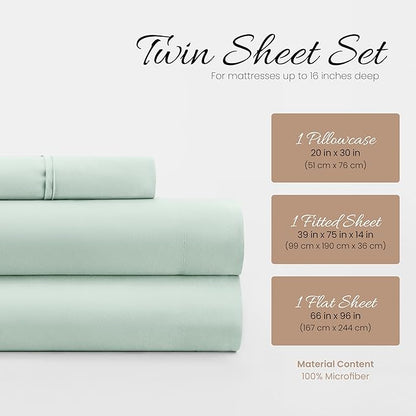 Linen Market Double-Brushed Microfiber Twin Sheet Set 3 Piece – Oeko-TEX Certified Ultra Soft & Wrinkle-Free - 16" Deep Pocket Sheets - Easy Care Twin Size - Mint