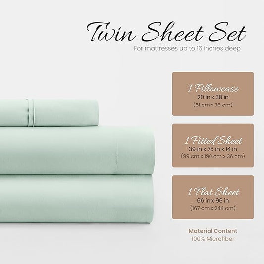 Linen Market Double-Brushed Microfiber Twin XL Sheet Set 3 Piece – Oeko-TEX Certified Ultra Soft & Wrinkle-Free - 16" Deep Pocket Sheets - Easy Care Twin XL Size - Mint