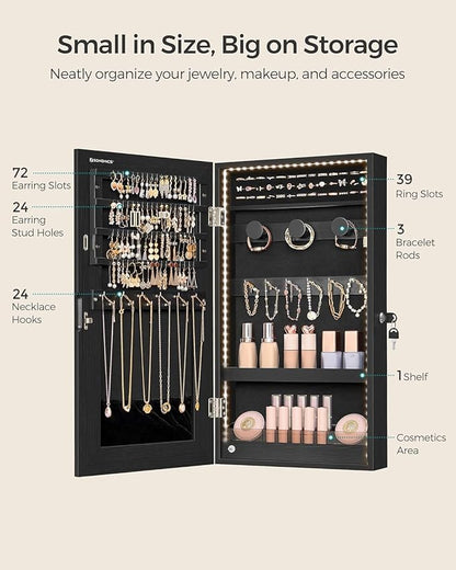 SONGMICS Mirror Jewelry Cabinet Armoire with Built-in LED Lights, Wall or Door Mounted Jewelry Storage Organizer, 3.8 x 14.6 x 26.4 Inches Hanging Mirror Cabinet, Gift Idea, Black UJJC050B01