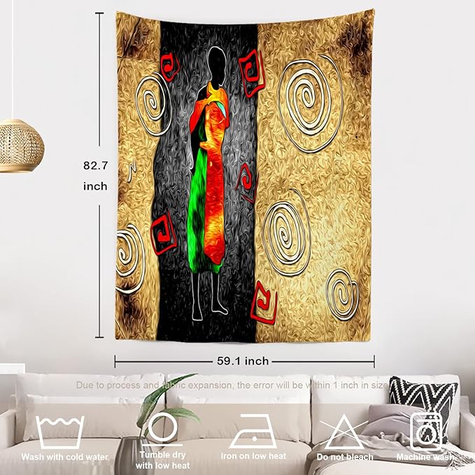 Batmerry African Ethnic Retro Tapestry,Vintage Motive Oil Landscape Fashion Wall Art Hanging Decoration Polyester Fiber White Ruffled Around for Dorm Room Bedroom Living Room, 82.7x59.1 inches