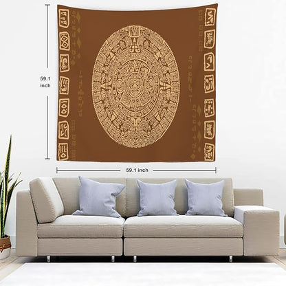 Batmerry Brown Ancient Mayan Tapestry, Calendar Wall Art Hanging Decoration Polyester Fiber White Ruffled Around for Dorm Room Bedroom Living Room, 59.1x59.1 inches