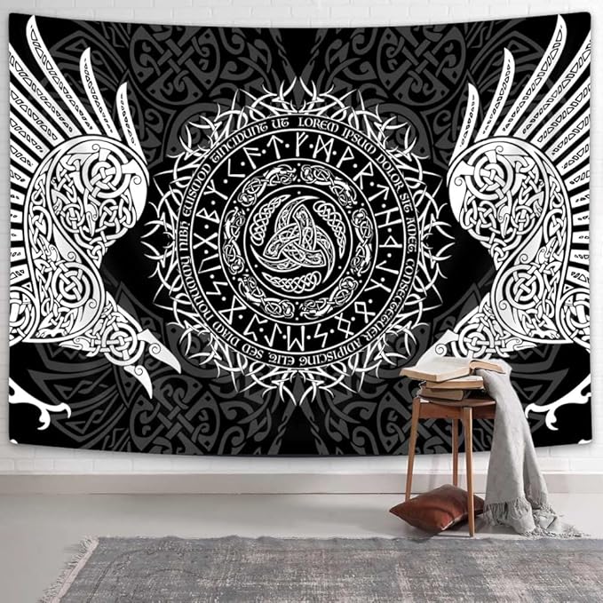 Viking Art Tapestry, Ancient Rune Dragon Totem Nordic Art Wall Hanging Tapestries, Mysterious Meditation Tapestry Wall Hanging for Living Room Bedroom Viking Decor