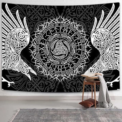 Viking Art Tapestry, Ancient Rune Dragon Totem Nordic Art Wall Hanging Tapestries, Mysterious Meditation Tapestry Wall Hanging for Living Room Bedroom Viking Decor