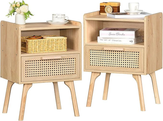 Lerliuo Rattan Nightstands Set of 2, Boho Side Table with Drawer Open Shelf, Cane Accent Bedside End Table with Solid Wood Legs for Bedroom, Dorm and Small Spaces (Natural)