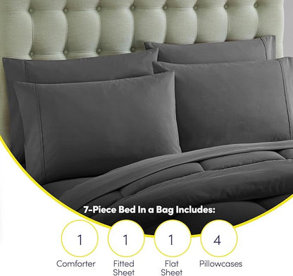 Full Size Comforter Set with Sheets - 7-Piece Bedding Collection - 1 Comforter, 1 Fitted Sheet, 1 Flat, 4 Pillowcases - Deep Pocket - Soft & Breathable Premium Quality - Ideal for All Seasons, Gray
