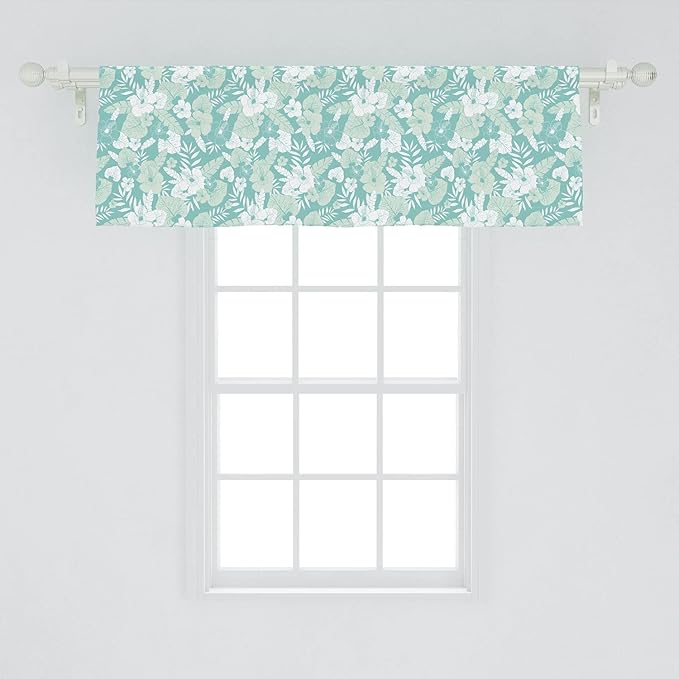Lunarable Flower Window Valance, Hawaiian Floral Themed Tropical Hibiscus and Exotic Leaves, Curtain Valance for Kitchen Bedroom Decor with Rod Pocket, 54" X 18", Green Teal