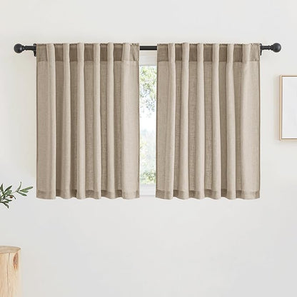 RYB HOME Linen Curtains Over Sink 36 inches Length, 2 Panels Light Filtering Privacy Semi Sheer Curtains for Bathroom Kitchen Small Window, Length 36 by Width 52 inch, Khaki