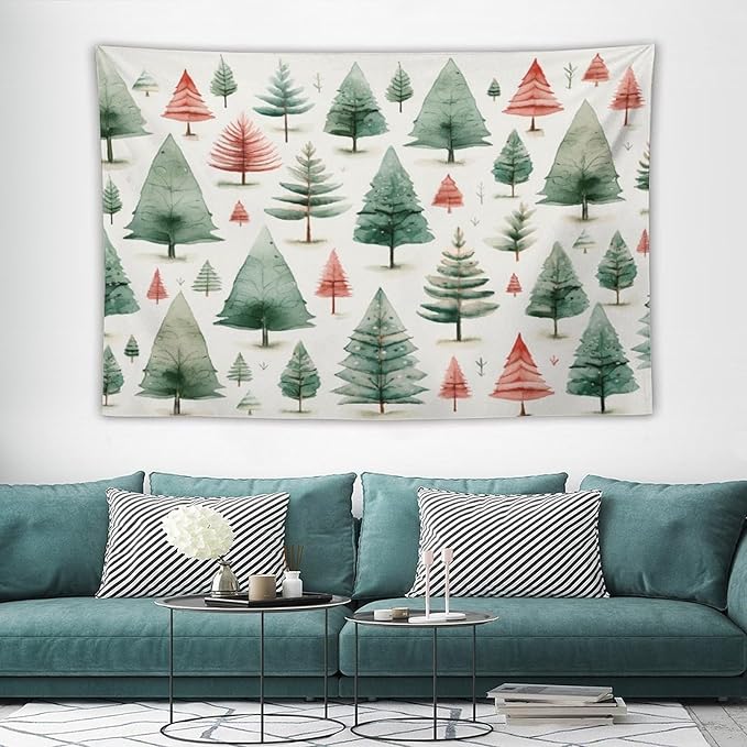 Vintage Christmas Tree Watercolor Wall Tapestry Winter Holiday Wall Hanging Wall Tapestry Aesthetic Landscape Tapestry Wall Decor for Bedroom Living Room Dorm 40"x60" Christmas Family Party