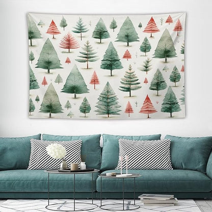 Vintage Christmas Tree Watercolor Wall Tapestry Winter Holiday Wall Hanging Wall Tapestry Aesthetic Landscape Tapestry Wall Decor for Bedroom Living Room Dorm 40"x60" Christmas Family Party