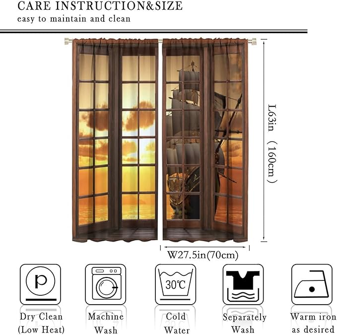 Retro Ship Curtains, Window View Sailing Boat Ship Schooner, Nautical Style Ocean Sunset Landscape Print Blackout Window Drapes for Boys Bedroom Living Room 55x63in