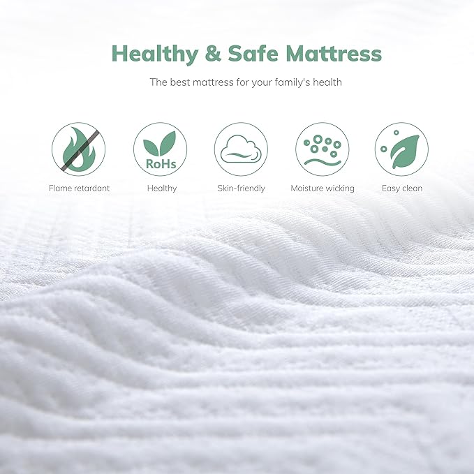 EGO White 12 inch Queen Memory Foam Mattress, Gel Green Tea Mattress Bed in a Box, Made in USA, CertiPUR-US Certified, Double Mattress, 60"×80", Medium Firm
