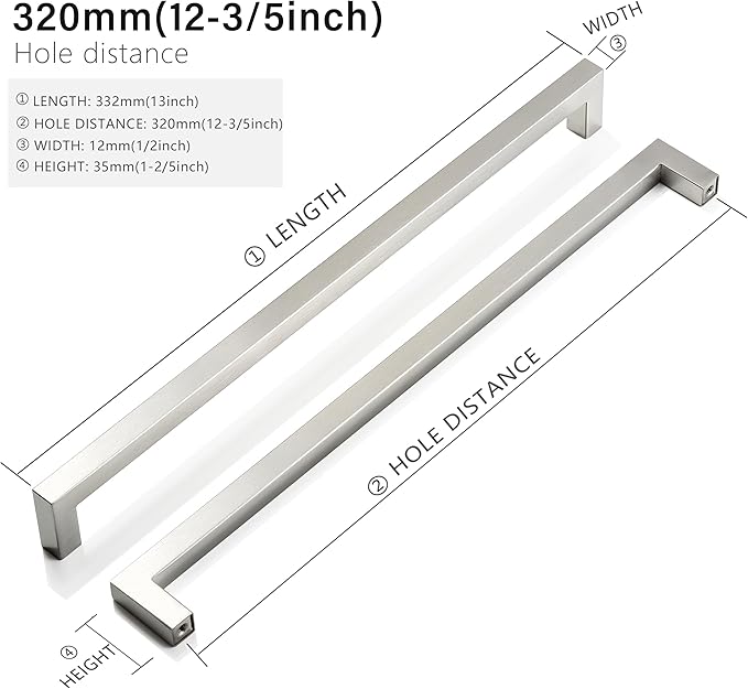 Cabinet Pulls Brushed Nickel Cabinet Handles Square Drawer Pulls, 50 Pack 12-3/5 Inch Stainless Steel Kitchen Door Cupboard Handles, Cabinet Hardware Drawer Handles, 320mm Hole Centers