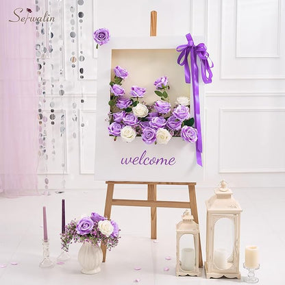 Serwalin 20pcs Artificial Roses, 4'' Big Flower Head, Light Purple Roses Velvet Real Touch, Silk Fake Roses Long Stem Realistic Bouquet for Wedding Table Centerpiece and Home Decor