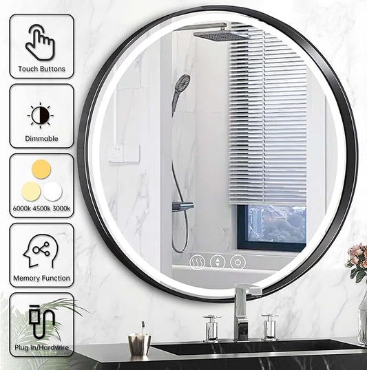 32 Inch Round Led Mirror, Bathroom Mirror with Lights, Black Metal Framed Frontlit Circle Mirrors for Wall with Anti-Fog, Memory Function, 3 Color Temperature, Dimmable Makeup Mirror