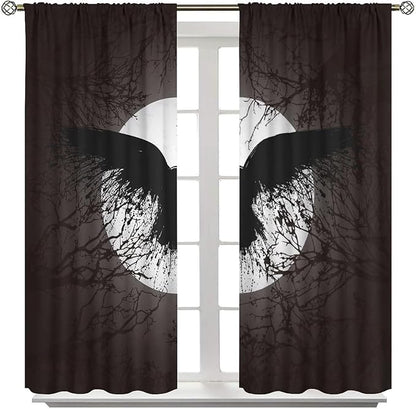 Cool Raven Print Curtains,Vintage Nordic Viking Theme Dead Tree Crow Full Moon Window Drapes Thermal Insulated Rod Pocket Blackout Drapes for Bedroom 2 Panels 63L x 36W