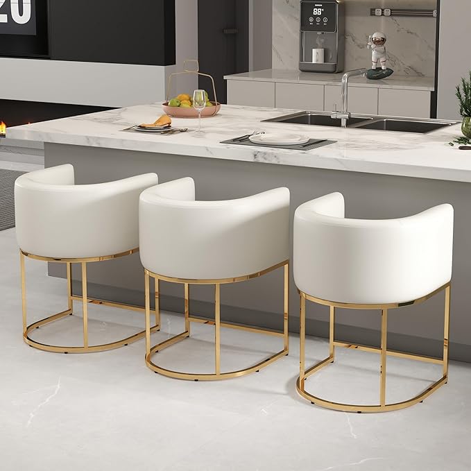 Modern Counter Height PU Leather Upholstered Bar Stools Set of 3, 24" Kitchen Counter Island Stools Bar Chairs with Gold Metal Frame, White