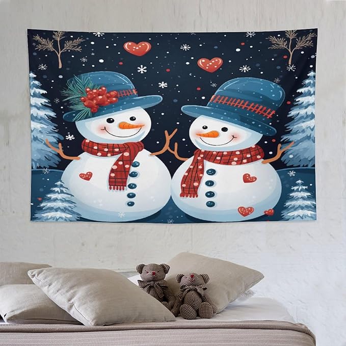 MaSiledy Snowman Couple Tapestries Christmas Cute Snowman Tapestries for Bedroom Landscape Tapestry Home Decoration for Living Room Bedroom 60"x90" Holiday Scene Banner for Winter Christmas Party