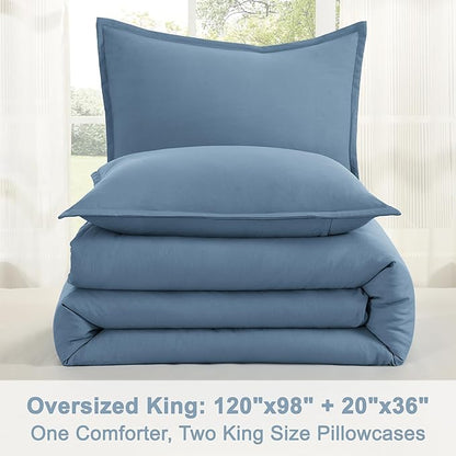Litanika Comforters Oversized King Size Grayish Blue,3 Pieces Lightweight Solid Bedding Set & Collections, All Season Fluffy Bed Set (120x98In Comforter & 2 Pillowcases)