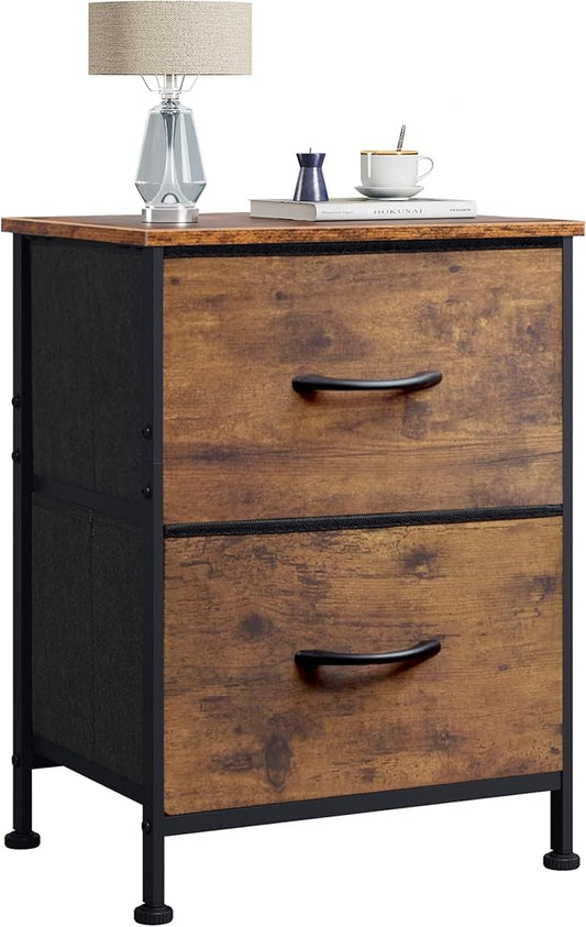 WLIVE Night Stand, Small 2 Drawer Dresser, Nightstand with Fabric Bins for Bedroom, Closet, Dorm, Rustic Brown Wood Grain Print, 11.8" D x 15.7" W x 20.9" H