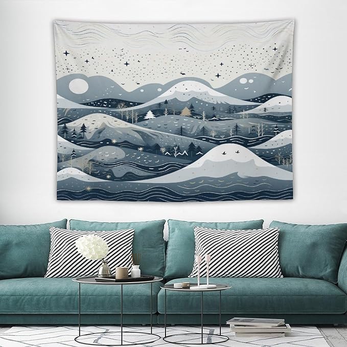 MaSiledy Snow Mountain Scandinavian Winter Tapestries Vintage Christmas Tapestries for Bedroom Aesthetic Landscape Tapestry Wall Art for Home Decor 60"x80" Xmas Wall Hanging Polyester Tapestries