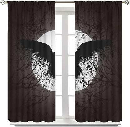 Cool Raven Print Curtains for Bedroom - Vintage Nordic Viking Theme Dead Tree Crow Full Moon Window Treatment,Energy Saving Thermal Insulated Rod Pocket Bedroom Blackout Curtains 2 Panels 72L x 31.5W