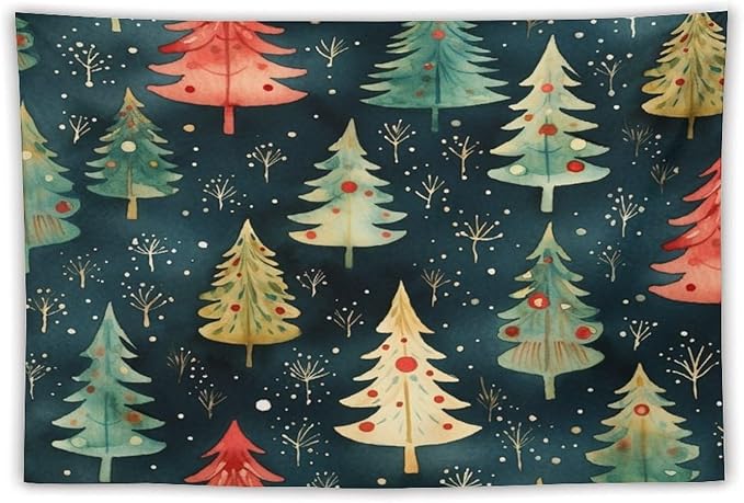 Vintage Christmas Tree Watercolor Tapestry As Wall Art Hello Winter Holiday Tapestry Vintage Aesthetic Tapestries Landscape Tapestry Home Decor for Room 40"x60" Tapestries Winter Snowflake Decorative