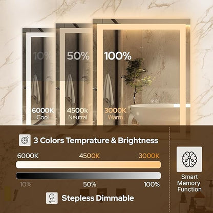 36 x 36 LED Bathroom Mirror with Lights, Lighted Bathroom Vanity Mirror for Wall, Espejos para Baños, Frontlit & Backlit, Anti-Fog, Shatterproof, 3 Adjustable Color Temperatures & Memory Function
