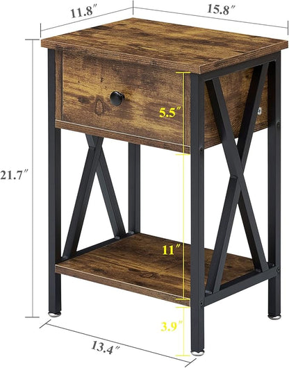 VECELO Nightstands Set of 2, Modern Bedside End Tables, Night Stands with Drawer and Storage Shelf for Living Room Bedroom, Industrial Metal Frame